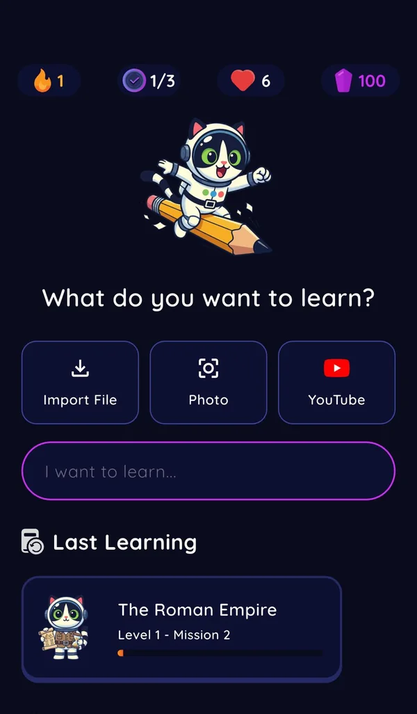 Pursuits start screen asking “What do you want to learn?” with Import File, Photo and YouTube options