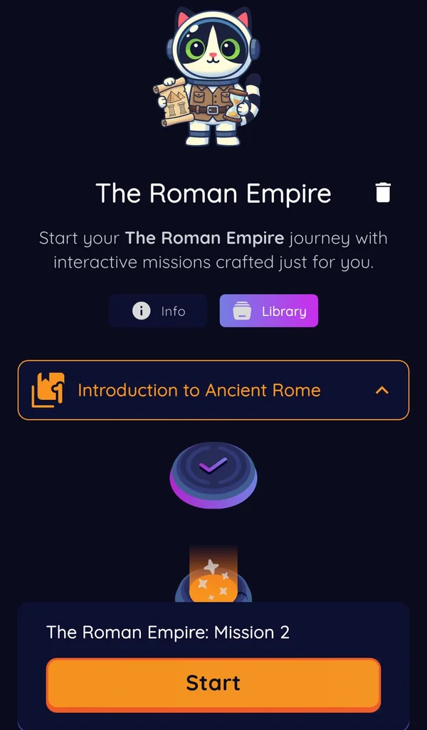 The Roman Empire learning map, opening with the level Introduction to Ancient Rome
