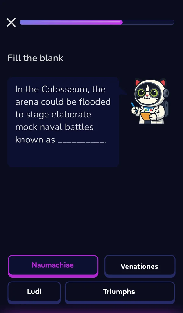 A fill-the-blank mission about mock naval battles in the Colosseum